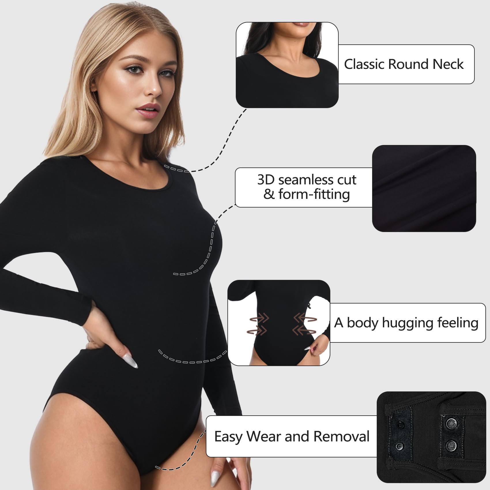 +MD Round Neck Long Sleeve Bodysuit Slim Waist Black Size M