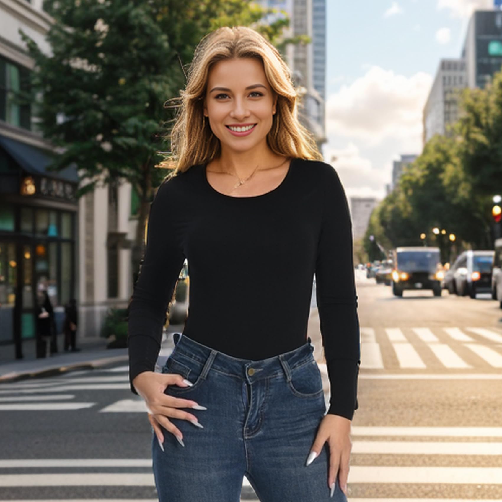 +MD Round Neck Long Sleeve Bodysuit Slim Waist Black Size M