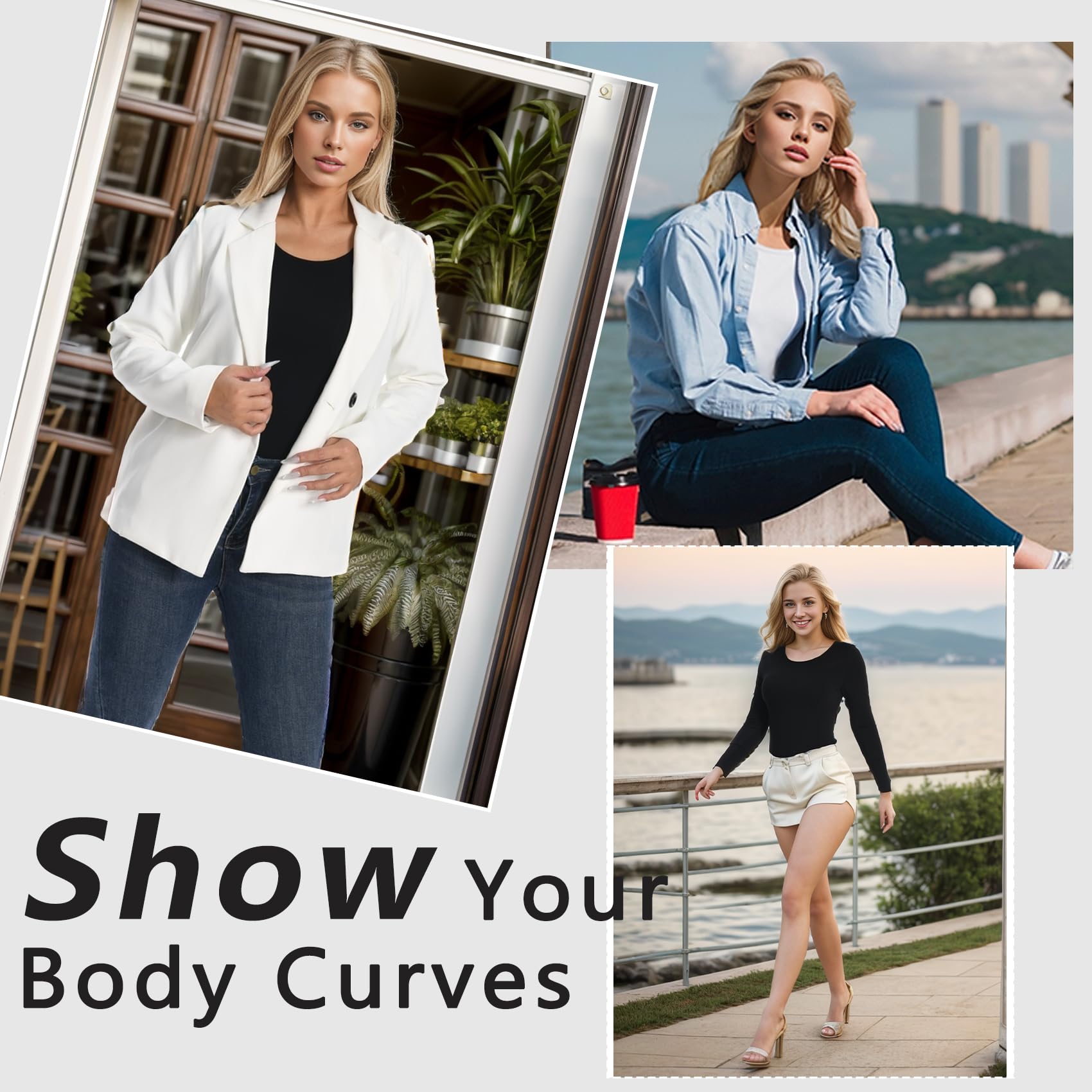 +MD Round Neck Long Sleeve Bodysuit Slim Waist Black Size M